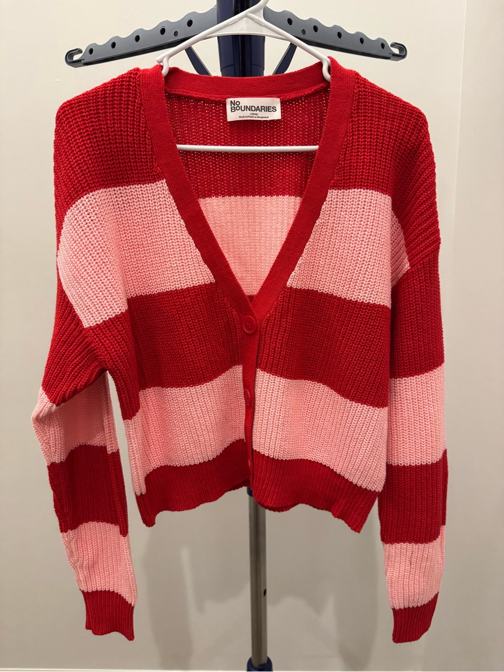 No Boundaries  Red/Pink Striped Knit Cardigan Size L 12/14 NWT